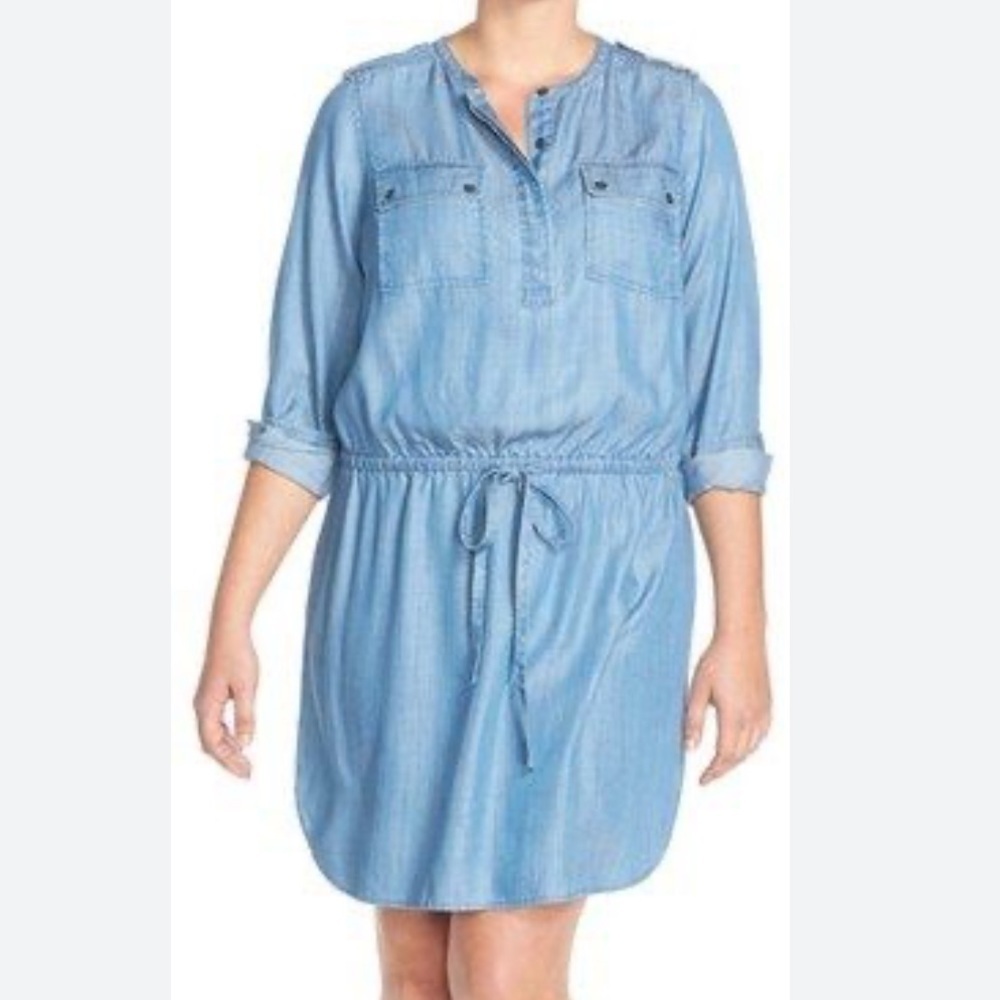Vince Camuto Dress Womens 2X Blue Chambray Long Sleeve Pockets